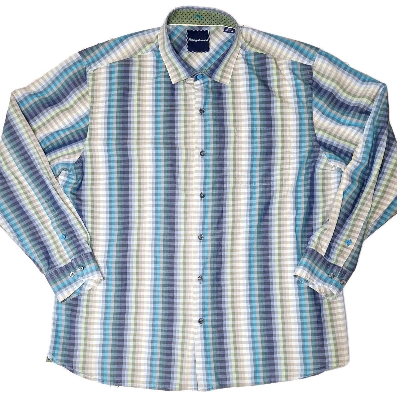 Tommy Bahama Mens Xl Long Sleeve Plaid Button Down Shirt Blue Green Cotton